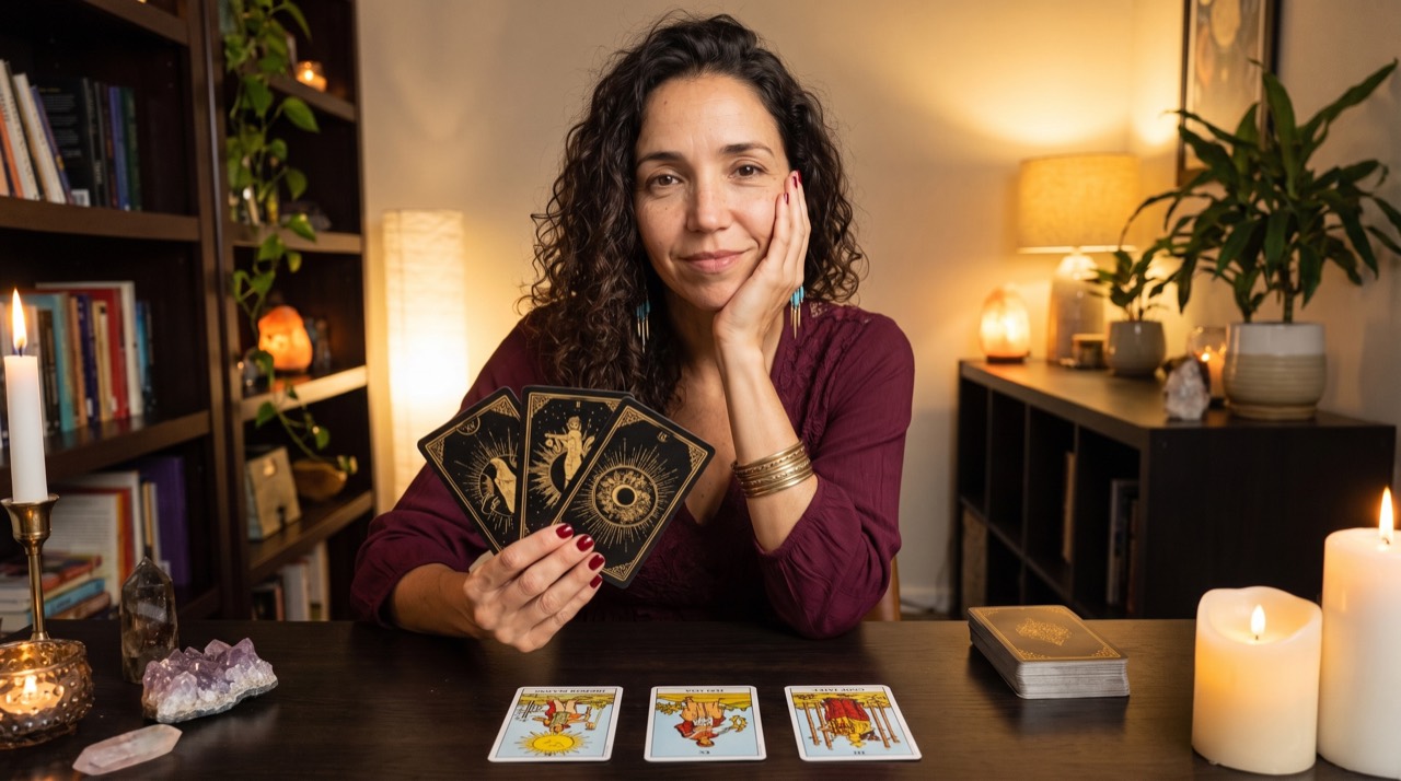 Luna Navarro con tres cartas de tarot en su mesa